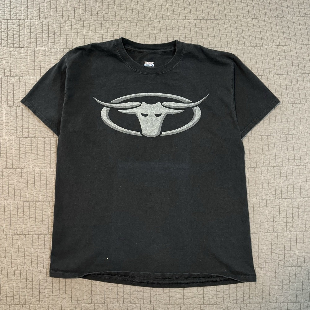 Hanes Beefy T Shirt Men's Large Black‎ Brand Bull Logo Faded Cotton